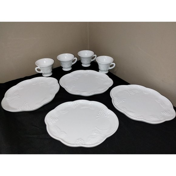 Vintage Milk Glass Snack Set - 8 Piece Mugs & Trays